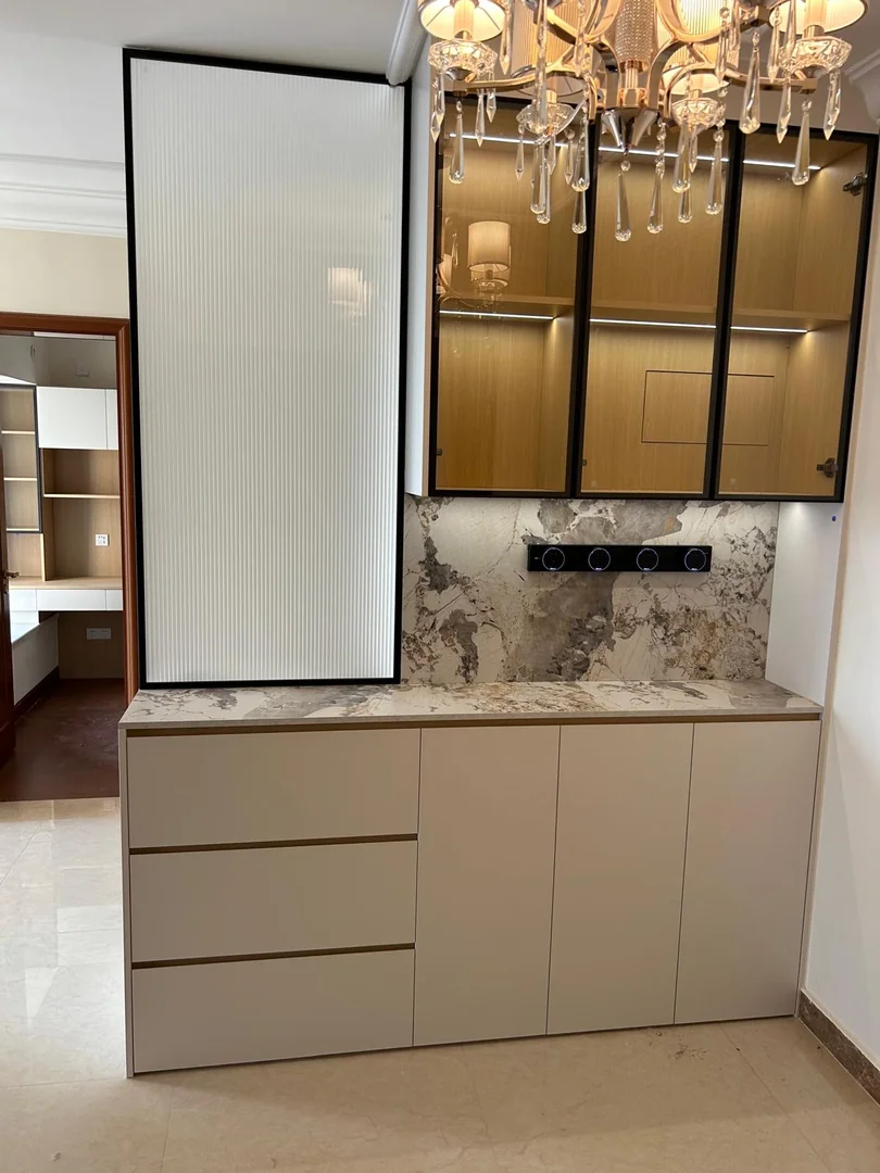 Entryway shoe cabinet with glass display storage for a Singapore home